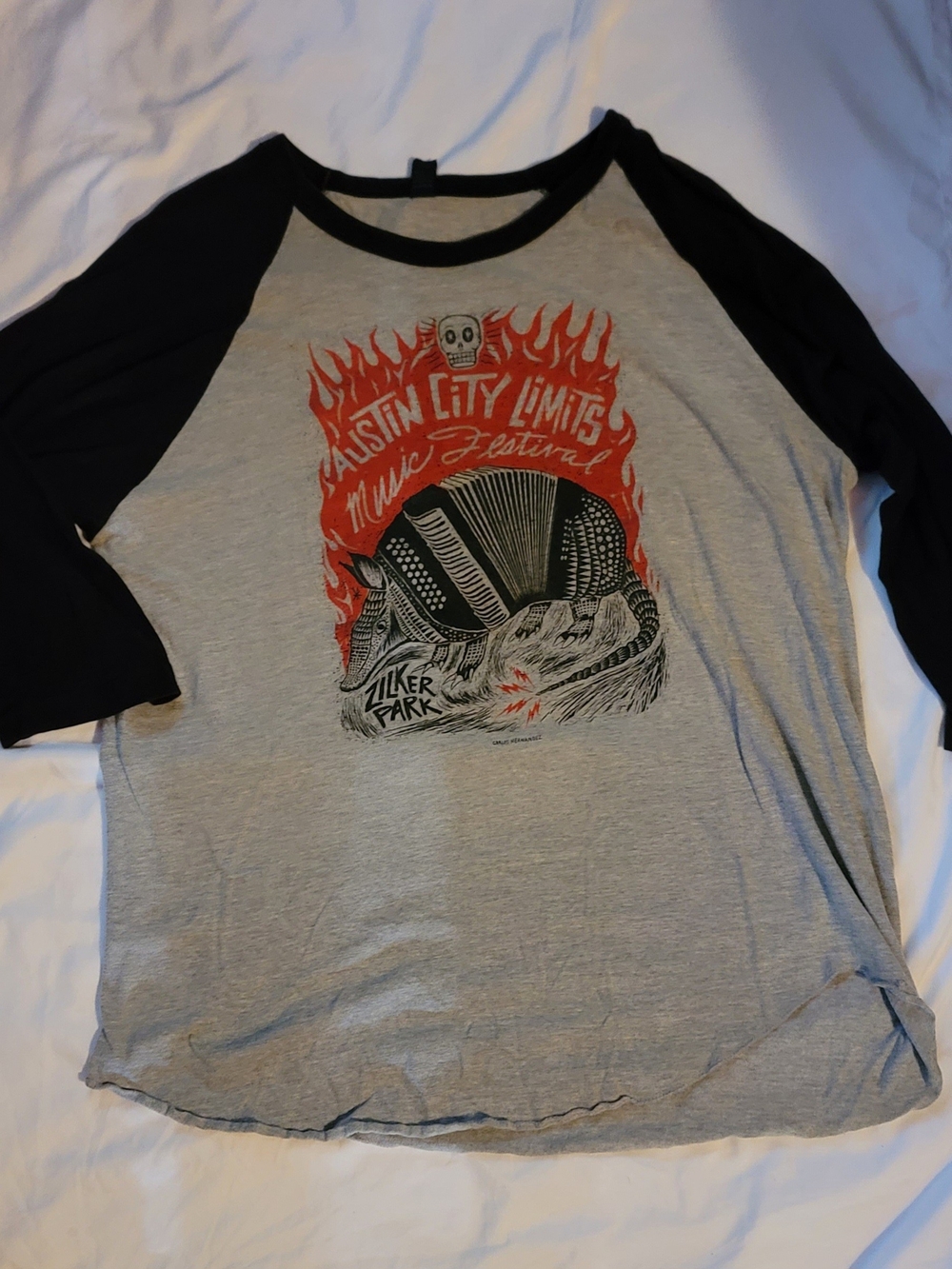 Tultex Gray Baseball Raglan Tee with Black Sleeves and Red Graphic